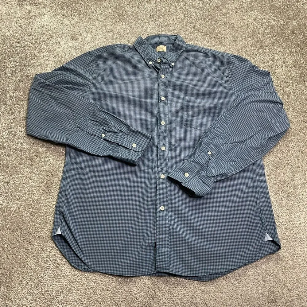 J.Crew 2-Ply Dress Shirt Mens Large 16-16 1/2 Blue Check Long Sleeve Cotton Work